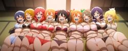 9girls ai_generated arms_behind_back ayase_eli black_hair blonde_hair blue_hair bondage bra brown_hair captured crotch_rope gag hoshizora_rin huge_breasts kidnapped koizumi_hanayo kousaka_honoka large_breasts love_live! love_live!_school_idol_project medium_breasts minami_kotori multiple_girls nishikino_maki orange_hair panties red_hair rope_around_breasts rope_around_thigh rope_bondage sonoda_umi tape_gag tied tied_up toujou_nozomi underwear yazawa_nico