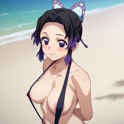 1girls ai_generated areola_slip areolae areolae_slip beach black_hair black_sling_bikini blushing demon_slayer female female_only kochou_shinobu purple_eyes purple_hair slingshot_bikini smile solo