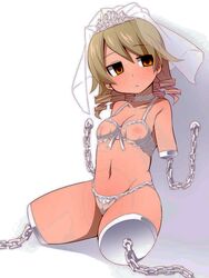 amputee bondage bra breasts bridal_veil brown_eyes chains drill_hair empty_eyes female idolmaster idolmaster_cinderella_girls looking_at_viewer morikubo_nono nipples pantsu quadruple_amputee see-through short_hair slave small_breasts solo uccow underwear veil what