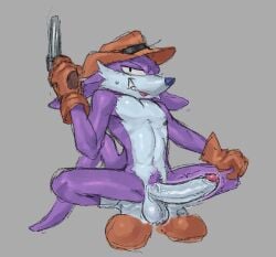 anthro athletic balls bodily_fluids boots clothing crouching dipodid erection fang_the_hunter fangs footwear fur genital_fluids genitals gloves grin gun handgun handwear hat headgear headwear hi_res humanoid_genitalia humanoid_penis jerboa male male_only mammal pecs penis pistol precum purple_body purple_fur ranged_weapon rodent sega shoes smile smugh solo sonic_(series) sonic_the_hedgehog_(series) teeth tongue tongue_out weapon white_body white_fur