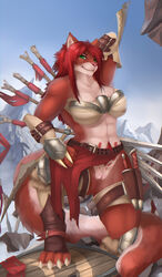 2017 abs anthro boots bow clothing dagger feline female footwear green_eyes hair loincloth mammal melee_weapon merrunz mountain muscular muscular_female pussy red_hair shield smile solo weapon