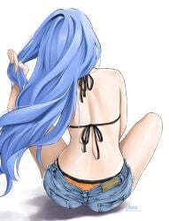 bikini blue_hair brushing_hair chaesu from_behind jean_shorts long_hair minah thighs