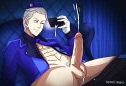 abs bara cumshot long_penis persona persona_3_portable solo_focus theodore_(persona) watching_porn yaoi