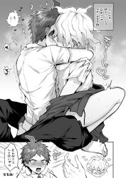 2boys :o ahoge blush bottomless collared_shirt danganronpa danganronpa_2:_goodbye_despair grabbing_another's_ass grey_background greyscale groping heart highres hinata_hajime hug implied_fingering jacket male_focus monochrome multiple_boys nagito_komaeda necktie off_shoulder on_lap pants shirt short_sleeves sitting speech_bubble spoken_character surprised sweat translation_request yaoi yumeyume_2z