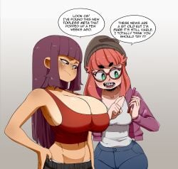 2girls black_eyes blunt_bangs braces breasts brown_hair cleavage command_grab cosmica_(nuclearwasabi) cum_gutters glasses green_eyes hat huge_breasts long_hair midriff nuclearwasabi original_character phone red_hair short_hair text thong_straps twitch waistband wide_hips
