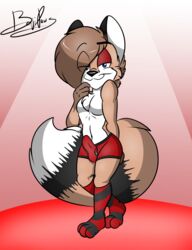 2017 anthro balls benji benjipaws big_tail blue_eyes bulge canine chest_tuft clothing erection erection_under_clothes eyeshadow fox fur furry furry_only girly hair hair_over_eye legwear looking_at_viewer makeup male male_only mammal penis pose ringtail simple_background smile smirk solo spotlight standing stockings tail tan_fur tenting tuft underwear