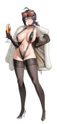 champagne curvy full_body fur_coat grace_howard heels holding_glass huge_breasts navel revealing_clothes shizuko_hideyoshi signature simple_background slender_waist slingshot_swimsuit smile thighhighs voluptuous white_background zenless_zone_zero