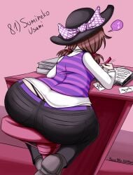 2024 ass baron_vee big_ass black_hat black_panties black_pants brown_hair butt_crack digital_media_(artwork) female purple_vest studying sumireko_usami thong touhou whale_tail