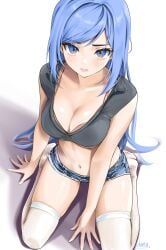 blue_eyes blue_hair bra chaesu cleavage kneeling long_hair looking_at_viewer medium_breasts minah navel sleeveless stockings thighs