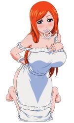 1girls apron apron_only big_breasts bleach breasts cleavage feet female hair_ornament hand_on_breast inoue_orihime kneeling milf on_knees orange_hair rozuberry sideboob solo solo_focus undressing untying voluptuous