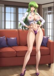 ai_generated big_ass big_breasts big_butt c.c. code_geass curvy curvy_figure green_hair high_heels long_hair long_legs nipples nipples_visible_through_clothing open_mouth purple_thong retair18 shirt standing thick_ass thick_lips thick_thighs yellow_eyes