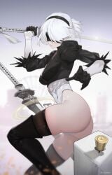 1girls ass big_ass big_breasts blindfold chilakkk female gloves headband leotard nier:_automata solo sword thick_thighs thighhighs white_hair yorha_2b