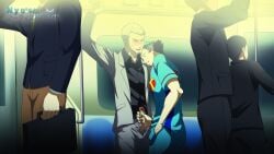 akihiko_sanada blush junpei_iori onoro_nyo persona persona_4_arena public_exposure stroking_penis train yaoi