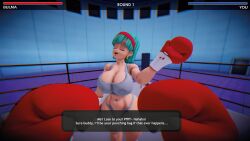 1boy 1girls before_fight big_breasts boxing boxing_gloves boxing_ring breasts bulma_briefs cleavage closed_eyes confident confident_female cyan_hair dragon_ball dragon_ball_z english english_text female female/male female_focus fighting_ring gameplay_mechanics gloves hairband health_bar hud huge_breasts indoors large_breasts light-skinned_female light-skinned_male light_skin lips lipstick male male/female male_pov milf overconfident pov pov_boxing red_boxing_gloves red_gloves red_lipstick sports_bra sports_panties text text_box ultimabox vs wide_hips