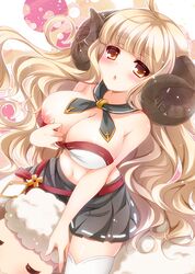 anila_(granblue_fantasy) animal areola_slip areolae bangs bare_shoulders black_skirt blonde_hair blunt_bangs blush breasts chestnut_mouth cleavage cross detached_collar doraf eyebrows eyebrows_visible_through_hair female granblue_fantasy horns large_breasts long_hair looking_at_viewer midriff miniskirt navel nipple_slip nipples orange_hair pleated_skirt pulled_by_self red_ribbon ribbon ribbon-trimmed_skirt ribbon_trim rinka_(yuyutei) sheep sheep_horns skirt solo stomach thighhighs top_pull very_long_hair white_legwear yellow_eyes zettai_ryouiki