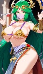 1female 1girls ai_generated belly belly_button belly_dancer belly_dancer_outfit bikini bikini_bottom bikini_top boosterred99 female female_only green_eyes green_hair jewelry kid_icarus large_breasts long_hair makeup nintendo palutena pink_hair post-timeskip seductive_smile solo thighs tiara veil