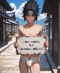 1boy absurd_res ai_generated ballsack blush bulge gay holding holding_sign little_penis looking_at_viewer male male_focus male_only naruto naruto_(series) naruto_shippuden object penis sasuke_uchiha solo yaoi zaboo777