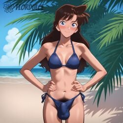 1futa ai_generated beach bikini blue_eyes brown_hair covered_penis detective_conan flaccid flaccid_penis flordulce futa_only futanari hands_on_hips long_hair outdoors penis pubic_hair ran_mouri seductive seductive_look seductive_smile solo_futa standing