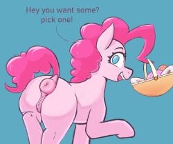 animal_genitalia animal_pussy anus ass big_anus dessert doughnut equine_genitalia equine_pussy female feral food friendship_is_magic genitals hasbro hi_res my_little_pony pastry pinkie_pie_(mlp) puffy_anus pussy solo text unknown_artist