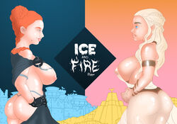 2girls a_song_of_ice_and_fire ass blonde blonde_hair blue_eyes breasts covered_breasts covered_nipples daenerys_targaryen dat_ass dress english english_text erect_nipples erect_nipples_under_clothes female female_only game_of_thrones gloves hair_bun high_resolution hips large_breasts legs long_hair multiple_girls nipples orange_hair panties pantsu sansa_stark sideboob standing tagme text thesquidshop thighs thong tied_hair underwear