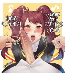 1boy 1female 1girls 1male 2d 2d_(artwork) asian asian_female asking_for_it atlus blush brown_eyes brown_hair clothed clothing cock_worship earrings english english_text female female_focus genitals grabbing_hair handlebars hi_res high_resolution highres horny horny_female imminent_oral imminent_sex isabongos kujikawa_rise light-skinned_female light_skin looking_at_viewer looking_up looking_up_at_viewer male male/female male_pov megami_tensei open_mouth penis penis_through_fly persona persona_4 pov saliva sega steam text tongue tongue_out twintails