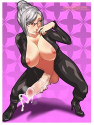 1futa areola areolae balls big_breasts big_penis bimbo bodysuit breasts busty cleavage cum erection futa_only futanari high_heel_boots high_heels intersex large_breasts lipstick looking_at_viewer meteorreb0rn nipples penis prison_school shiraki_meiko silver_hair solo solo_futa testicles voluptuous