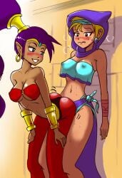 2girls against_wall ass bandaged_arm bandeau blonde_hair blue_crop_top blue_eyes breasts brown_eyes circlet crop_top earrings grinding harem_pants headband hood hood_up hoop_earrings large_breasts midriff navel okamisaga panties pants ponytail purple_hair red_bandeau sarong shantae shantae_(character) short_hair side-tie_panties sky_(shantae) vambraces wulfsaga yuri