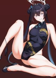 1girl 1girls black_dress black_hair braided_bun breasts butterfly_hair_ornament china_dress chinese_clothes holy_b._bob kisaki_(blue_archive) panties panties_around_one_leg spread_legs twintails underwear