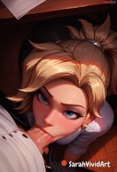 1boy 1girls ai_generated angela_ziegler blizzard_entertainment blonde_hair blowjob blush blushed deepthroat fellatio female female female_focus hair_up looking_at_viewer looking_up mercy office office_lady oral overwatch overwatch_2 ponytail sarahvividart seductive under_desk under_the_table