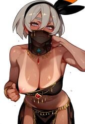 1girls abs ai_generated bare_arms bare_legs bare_shoulders bare_thighs bea_(pokemon) belly_dancer belly_dancer_outfit big_breasts blush clothed clothing color dancer_outfit dark-skinned_female dark_skin embarrassed face_veil female female_focus female_only fit_female game_freak grey_eyes grey_hair gym_leader harem_girl harem_outfit hi_res large_breasts looking_at_viewer muscles muscular muscular_female nintendo nipples pokemon pokemon_ss pokemon_trainer short_hair solo solo_female sweat tagme thick_thighs veil