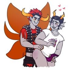 2boys alien alien_genitalia alien_humanoid alien_penis black_hair black_hair_male bottomless bug_wings butterfly_wings color colored colored_skin cronus_ampora fins gay grey_skin heart homestuck homestuck_troll horn horns humanoid humanoid_alien male male_focus male_only mobiusdouble rufioh_nitram scar shirt short_hair short_hair_male t-shirt tentabulge tentacle tongue_out troll tshirt wings yaoi