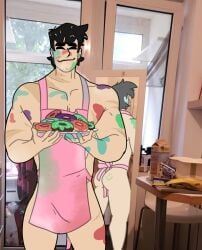 apron ass black_hair disventure_camp donuts male_only mirror muscles muscular scar scar_on_face sunrise thomas_reed tom_(disventure_camp) victoreh_draws