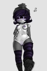 android beanie boots breasts female_only low-angle_view murder_drones purple_eyes purple_hair purple_nipples purple_pussy robot robot_girl robot_humanoid short_hair side_part_hair smirk smirking smirking_at_viewer smug smug_expression smug_eyes smug_face smug_grin smug_smile striped_body striped_legwear striped_thighhighs thick_thighs thighhighs thighs tiddies tummy uzi uzi_(murder_drones) white_skin woah_lewds