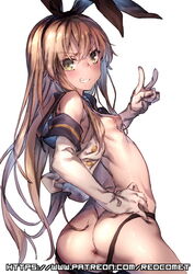 anus artist_name ass black_panties blonde_hair breasts clenched_teeth elbow_gloves eyebrows_visible_through_hair female from_behind gloves green_eyes hair_between_eyes hair_ribbon hand_on_hip kantai_collection long_hair looking_back nipples open_clothes open_shirt panties pussy redcomet ribbon sailor_collar shimakaze_(kantai_collection) shirt simple_background sleeveless sleeveless_shirt small_breasts solo teeth thong_panties underwear v very_long_hair watermark web_address white_background white_gloves white_shirt