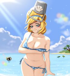 1girls beach bikini bikini_top bikini_zombie_(pvz) blonde_female blonde_hair blue_bikini blush blush breasts bucket bucket_hat crazy_dave_(pvz) drat edz_drawz edzdabaojian eyelashes female hand_on_breast holding_breast in_water looking_at_viewer nipples octopus outside peashooter_(pvz) plant plants plants_vs_zombies plants_vs_zombies_2:_it's_about_time popcap_games purple_eyes pvz vagina water wet wet_body