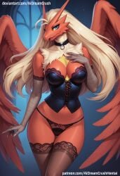 1girls ai_generated aidreamcrush anthro anthro_only avian blaziken blonde_hair blue_eyes bra choker cleavage curvy feathered_wings feathers female gloves glowing hair lingerie nintendo nude panties pokemon pokemon_(species) see-through solo_anthro stockings underwear wings