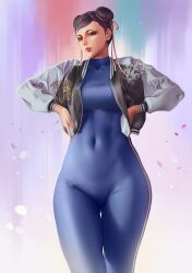 1girls breasts capcom chun-li dantewontdie female female_only fully_clothed jacket mature_female milf skin_tight solo street_fighter