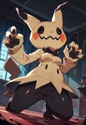 1girl 1girls 2024 2024s 4_fingers 5_fingers ai_generated anthro black_body black_bowtie black_eyes blurry_background bodily_fluids bowtie breasts cameltoe cheek_tuft claws clothing creepy_background female female_focus female_only furry furry_female game_freak gen_7_pokemon generation_7_pokemon genitals haunted_house looking_at_viewer low-angle_view mimikyu nintendo pihlawrkr738_(artist) pokémon pokémon_(species) pokemon pokemon_(anime) pokemon_(creature) pokemon_(franchise) pokemon_(game) pokemon_(species) pokemon_sm pony_diffusion_(model) pony_diffusion_xl pussy shortstack small_breasts smile solo tail tan_clothing thick_thighs thighs wide_hips window