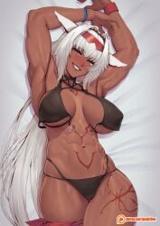 1girls abs bare_arms bare_legs bare_shoulders bare_thighs big_breasts bikini bikini_bottom bikini_top blue_eyes blush caenis_(fate) clothed clothing color dark-skinned_female dark_skin fate_(series) female female_focus female_only fit_female hi_res large_breasts laying_down long_hair looking_at_viewer muscles muscular muscular_arms muscular_female muscular_legs muscular_thighs solo solo_female speedl00ver tagme thick_thighs white_hair