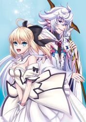 1boy :d ahoge artoria_pendragon_(fate) bare_shoulders black_bow blonde_hair blue_background blue_eyes bow breasts cleavage detached_collar detached_sleeves dress fate/grand_order fate_(series) female gloves green_eyes hair_between_eyes hairbow highres holding holding_staff long_hair looking_at_viewer medium_breasts merlin_(fate) open_mouth ponytail purple_eyes ribbon saber_lily smile staff strapless unizo white_dress white_gloves white_hair