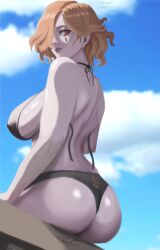 1girls alternate_costume artist_kiwi ass bikini black_bikini black_swimsuit fire_emblem fire_emblem:_three_houses kronya_(fire_emblem) large_ass large_breasts nintendo orange_hair pale-skinned_female pale_skin red_eyes swimsuit untied untied_bikini