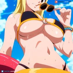 ai_generated big_breasts bikini blonde_hair bracelet brown_eyes clouds curvy curvy_figure fairy_tail female float juanpi_amvs long_hair lucy_heartfilia patreon patreon_username sky sunglasses sunglasses_on_face watermark yellow_hair