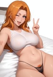 1girls ai_generated belly_button big_breasts black_g-string black_lingerie black_thong bleach blue_eyes g-string huge_breasts lingerie long_hair lying lying_on_back lying_on_bed matsumoto_rangiku mature_female milf only_female orange_hair peace_sign pubic_hair selfie simple_background sleeveless sleeveless_shirt smug sticking_out_tongue taking_selfie thick_legs thick_thighs thong topwear white_shirt winking_at_viewer