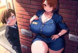 1boy against_wall ai_generated city female hands_on_hips hips huge_breasts large_breasts mullon novelai orange_hair original peeping street voluptuous wide wide_hips