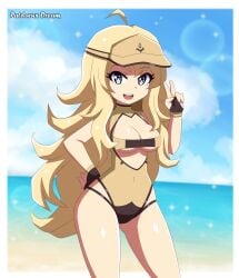 :d ahoge alternate_costume bare_arms bare_thighs beach blonde_hair breasts bridal_gauntlets cleavage covered_navel crossover fire_emblem fire_emblem_fates grey_eyes hair_over_shoulder hat lens_flare long_hair looking_at_viewer medium_breasts nintendo ocean one-piece_swimsuit open_mouth ophelia_(fire_emblem) outdoors patdarux smile sparkles standing swimsuit thighs underboob v very_long_hair visor_cap yellow_hair yellow_one-piece_swimsuit yellow_swimsuit