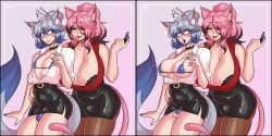 1boy 1futa animal_ears before_and_after big_breasts bikini bikini_under_clothes bimbo bimbofication bimbofied black_highlights blue_bikini blue_eyes blue_highlights blue_lipstick blush breast_expansion breast_growth breasts bulge cage caged caged_cock cat_ears cat_tail catboy catgirl chastity_cage choker cleavage clothed cock_cage crossdressing duo eyes_rolling_back femboy feminine_male feminization final_fantasy final_fantasy_xiv fox_boy fox_ears fox_tail futanari girly heart heart-shaped_pupils humanoid implied_transformation kemonomimi kuromaru_(original_character) light-skinned_futanari light_skin lipstick loggus_doggus long_hair looking_back male miqo'te naughty_face office_lady pantyhose pencil_skirt penis_bulge penis_shrinking pink_hair pleasure_face red_lipstick sissification sissy small_penis smile standing tail thick_thighs tied_hair tiny_penis transformation worried worried_expression zephyr_winds