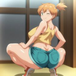 ai_generated ass_crack big_ass big_bresats blush busty cleavage creatures_(company) curvy denim_shorts female female female_only from_behind game_freak hi_res highres kasumi_(pokemon) nintendo orange_hair pokemon pokemon_(game) pokemon_rgby pokemon_trainer pony_diffusion_xl ponytail seraphim_ai shorts smile solo squatting stable_diffusion tank_top thick_thighs