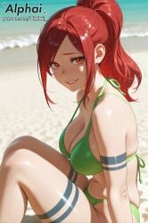 1girl 2025 2026 absurd_res absurdres ai ai-created ai_art ai_assisted ai_generated alphai arm_tattoo beach bended_knees blushing cinematic_lighting cleavage colorful_background depth_of_field detailed_background detailed_hair detailed_skin dramatic_shadows enen_no_shouboutai fire_force green_bikini high_quality high_resolution highleg_bikini highres large_breasts lisa_isaribi lisa_isaribi_(fire_force) long_hair looking_back naughty_face particles patreon patreon_link patreon_url patreon_username ponytail raised_eyebrows red_eyes red_hair semirealistic sitting skindentation smiling solo thick_thighs thigh_tattoo volumetric_lighting