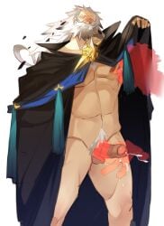 1boy abs absurdres bara bare_pectorals beard cape cloak cum ejaculation facial_hair fate/grand_order fate_(series) feet_out_of_frame grey_hair handjob highres invisible_man long_hair male_focus male_only mature_male muscular muscular_male navel navel_hair nipples old old_man pectorals presenting_penis ptolemy_(fate) rathalosx4 solo standing stomach thick_beard thick_eyebrows uncensored white_background white_hair yellow_eyes