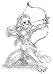 anthro balls biped bow_(weapon) canid canine canis chest_tuft claws crouching domestic_dog flaccid foreskin fuckboy fur genitals graphite_(artwork) hair holding_object holding_weapon humanoid_genitalia humanoid_penis kemono long_hair male mammal marudi monochrome muscular muscular_anthro muscular_male nude penis ranged_weapon simple_background solo tail traditional_media_(artwork) tuft weapon white_background